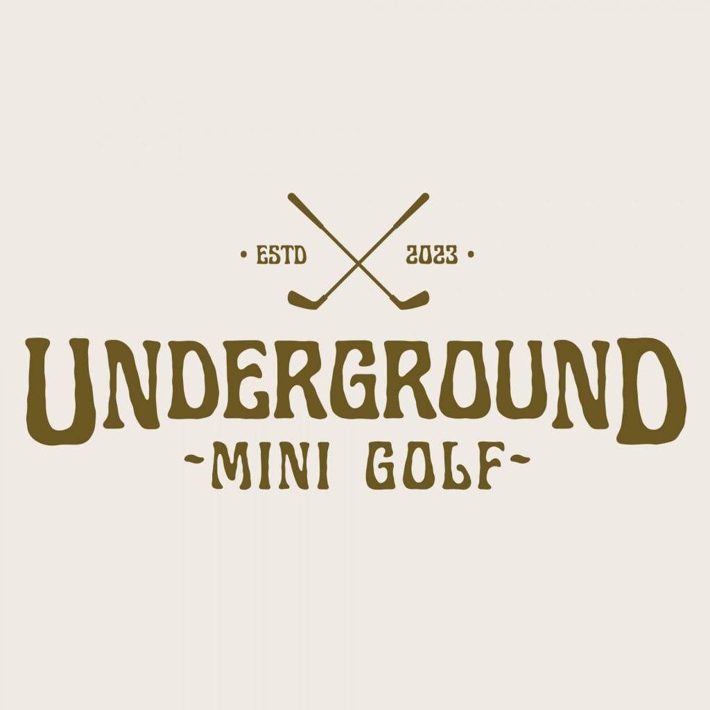 Underground Mini Golf logo with two crossed golf clubs and “Established 2023”