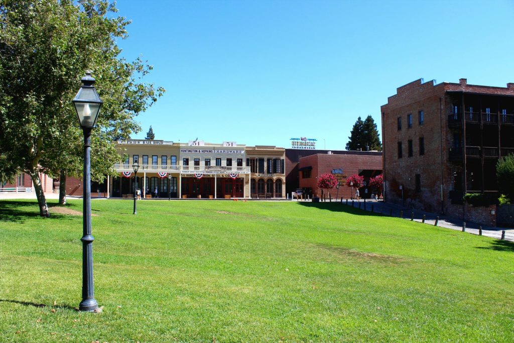 A sunny park scene with lush green grass and a black lamppost in the foreground. Historic buildings and a blue sky are visible in the background.