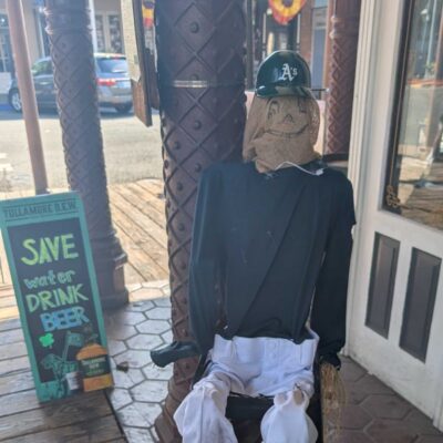 Finnegan's scarecrow in a black cap and sweatshirt beside a sidewalk sign