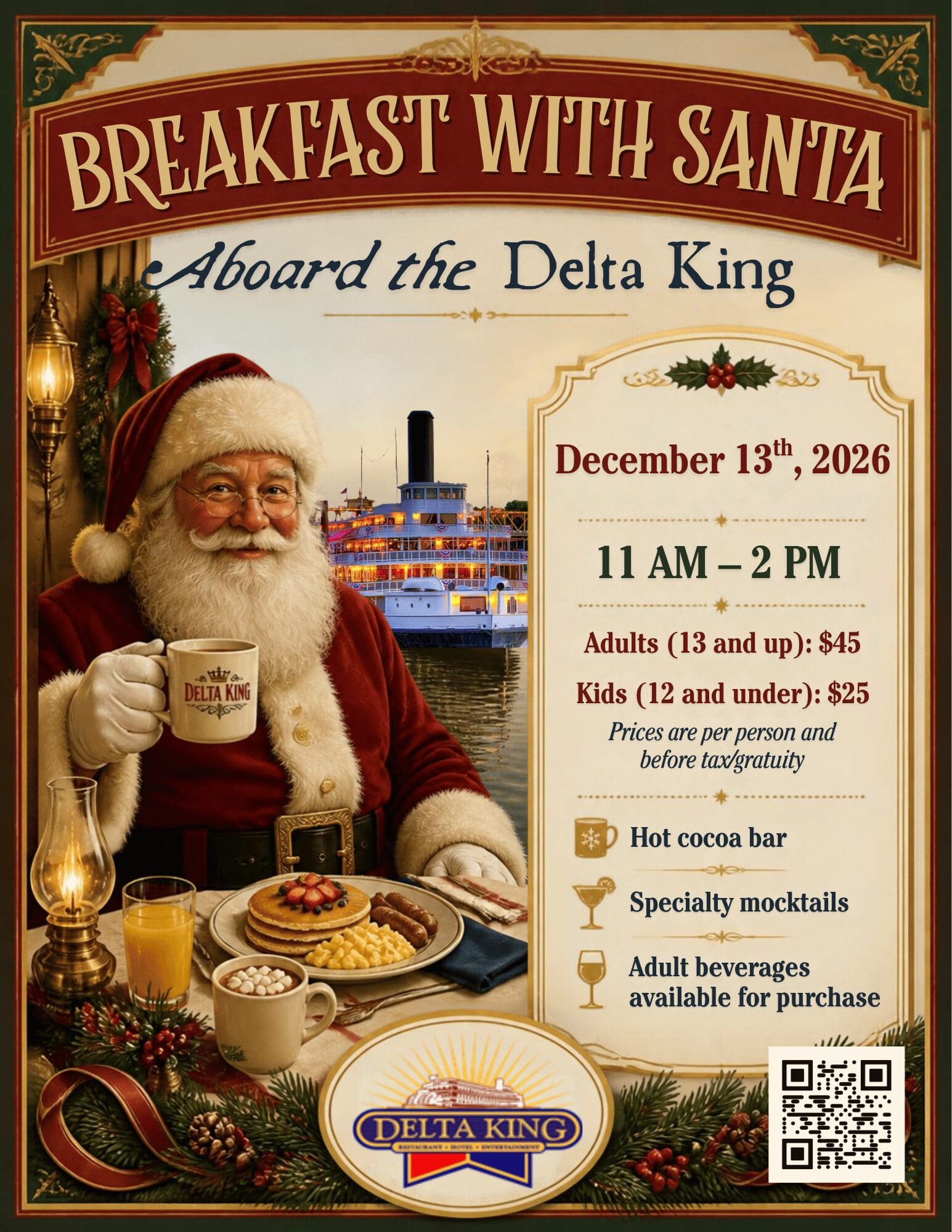 Breakfast with Santa Aboard the Delta King poster: December 13th, 2026, 11 AM–2 PM; adults $45, kids $25; hot cocoa bar and specialty mocktails