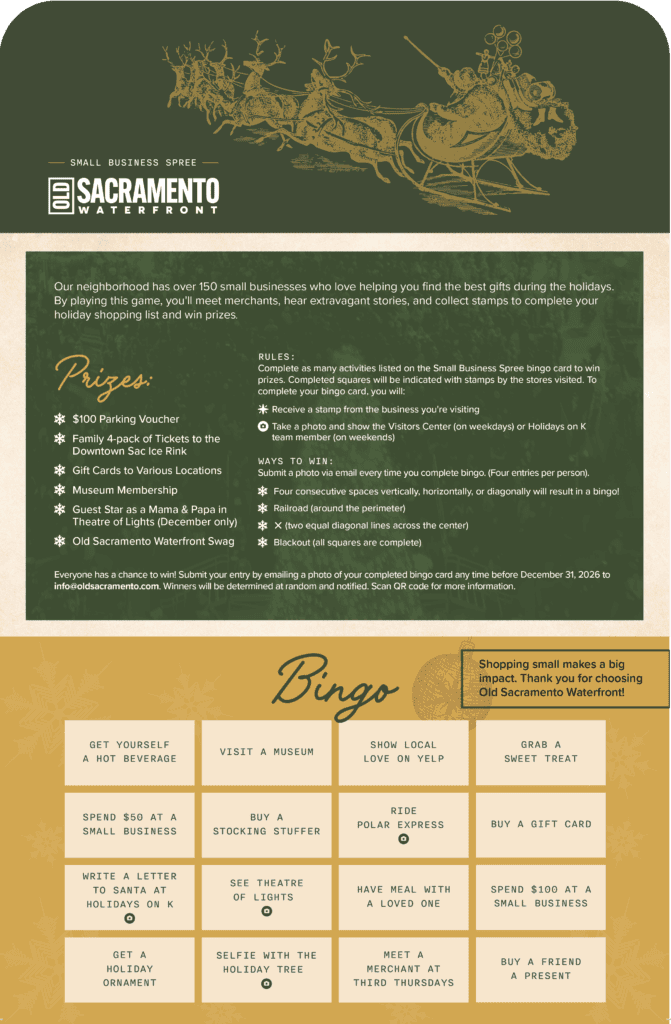 Small Business Spree Bingo card for Old Sacramento Waterfront listing prizes, rules and holiday shopping activities such as "Buy a stocking stuffer" and "Ride the Polar Express"